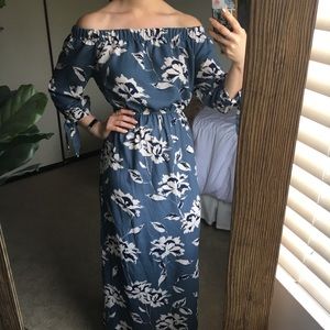Off the shoulder, blue floral summer dress